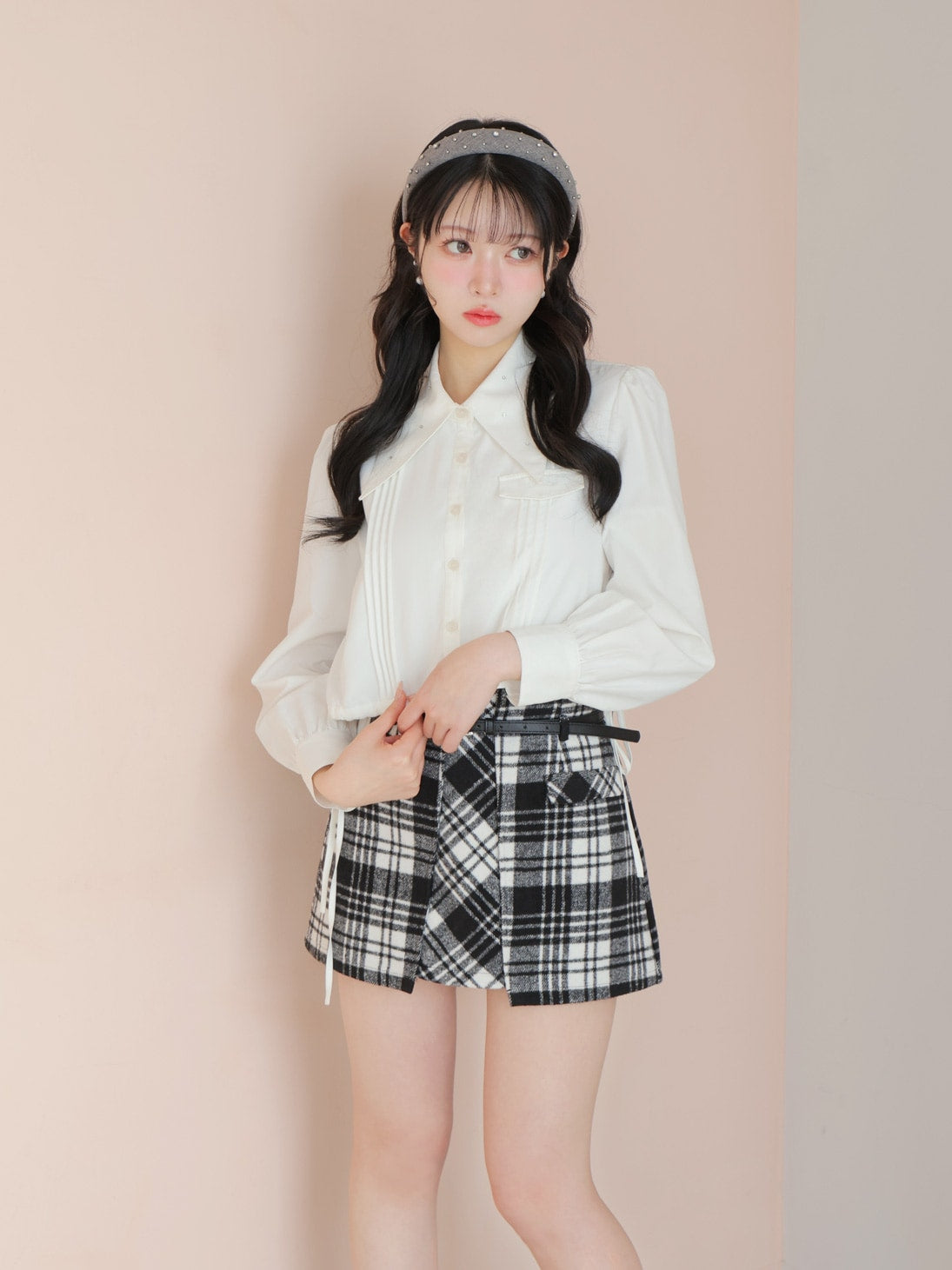 High waist check mini skirt(eme10449)