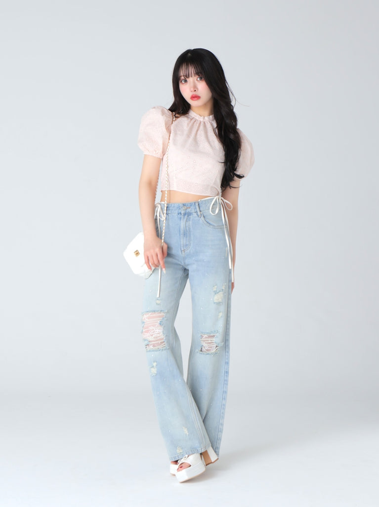 Cotton lace cut-out tops(eme10476)