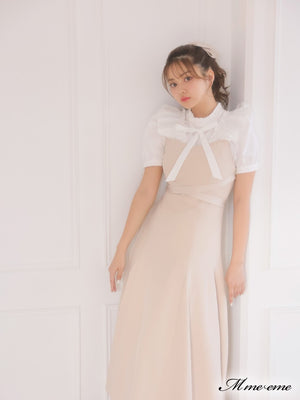 【SALE】Pearl ruffle bow tie blouse (eme10224)