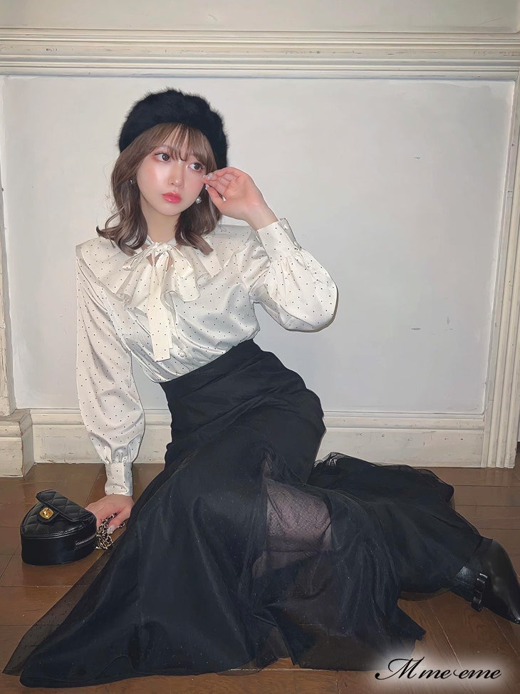 【SALE】Dot flocky ruffle ribbon blouse (eme10228)