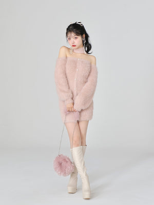 Back ribbon shaggy knit mini onepiece(eme10376)