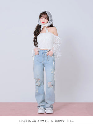 Side ribbon straight denim(eme10390)