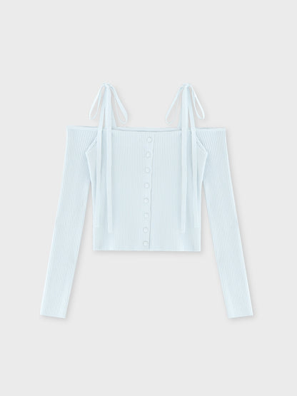 Off shoulder ribbon knit tops(eme10397)