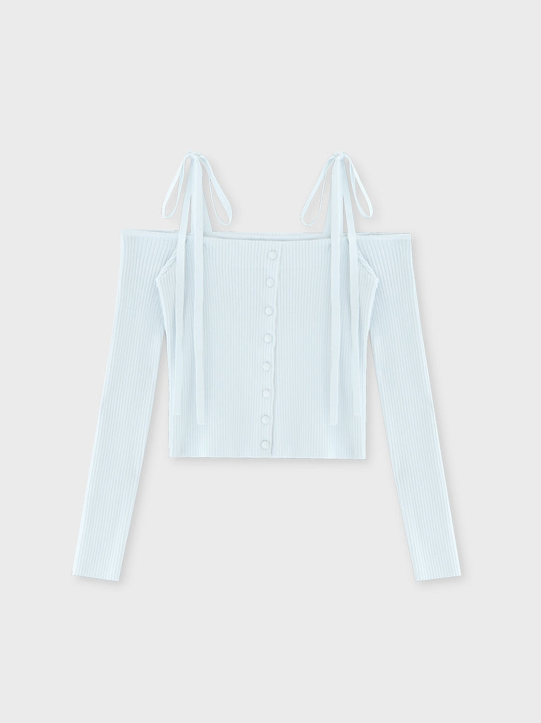 Off shoulder ribbon knit tops(eme10397)