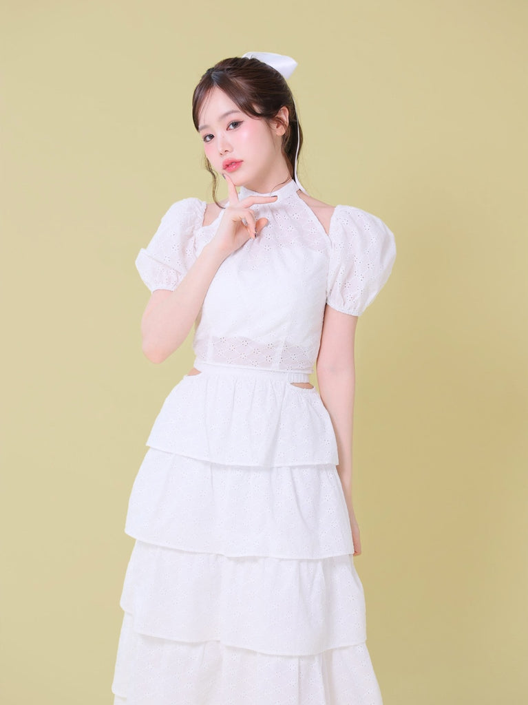 Cotton lace cut-out tops(eme10476)