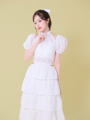 Cotton lace cut-out tops(eme10476)