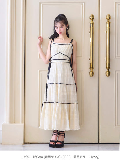 Side ribbon tiered chiffon long onepiece(eme10385)