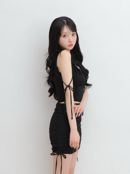 Cut out ribbon gather tops(eme10702)