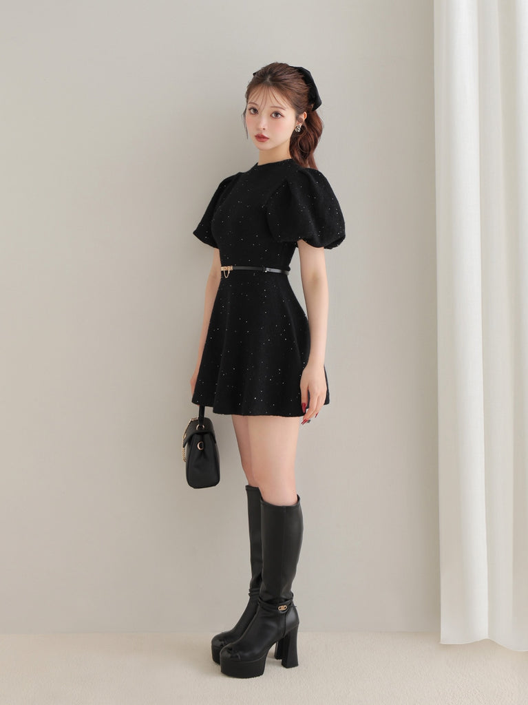 Sequin puff knit belt onepiece(eme10552)