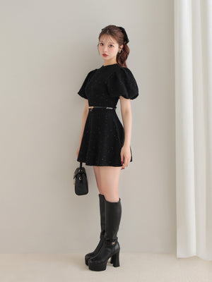 Sequin puff knit belt onepiece(eme10552)