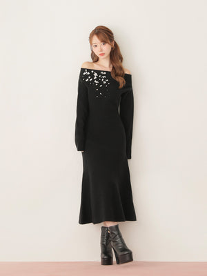 【Pre Order】Jewelry off the shoulder knit  onepiece(eme10734)
