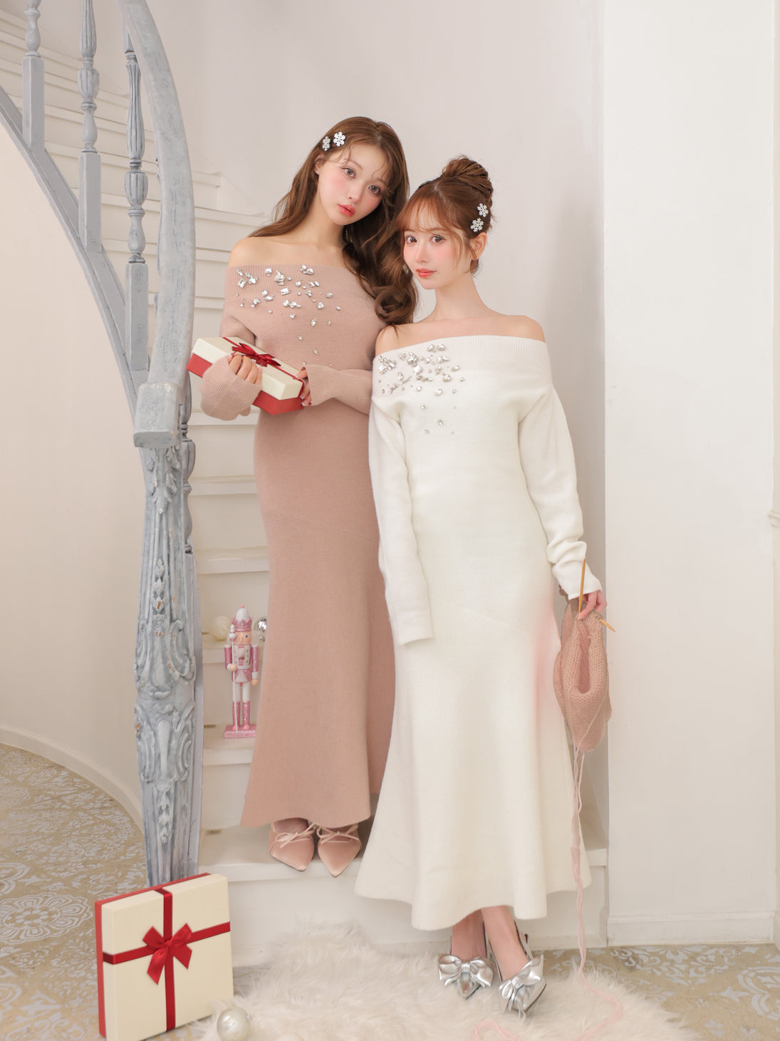 【Pre Order】Jewelry off the shoulder knit  onepiece(eme10734)