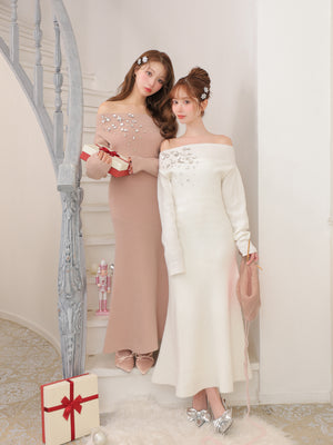 【Pre Order】Jewelry off the shoulder knit  onepiece(eme10734)