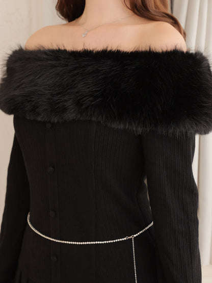 【Pre Order】Off shoulder fur pleated onepiece(eme10731)