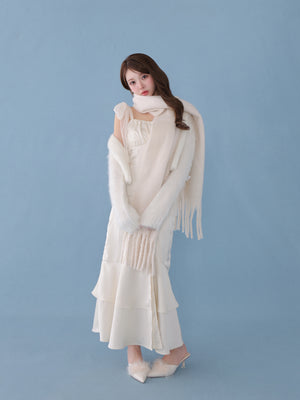 Lame shaggy knit ensemble satin onepiece(eme10557)
