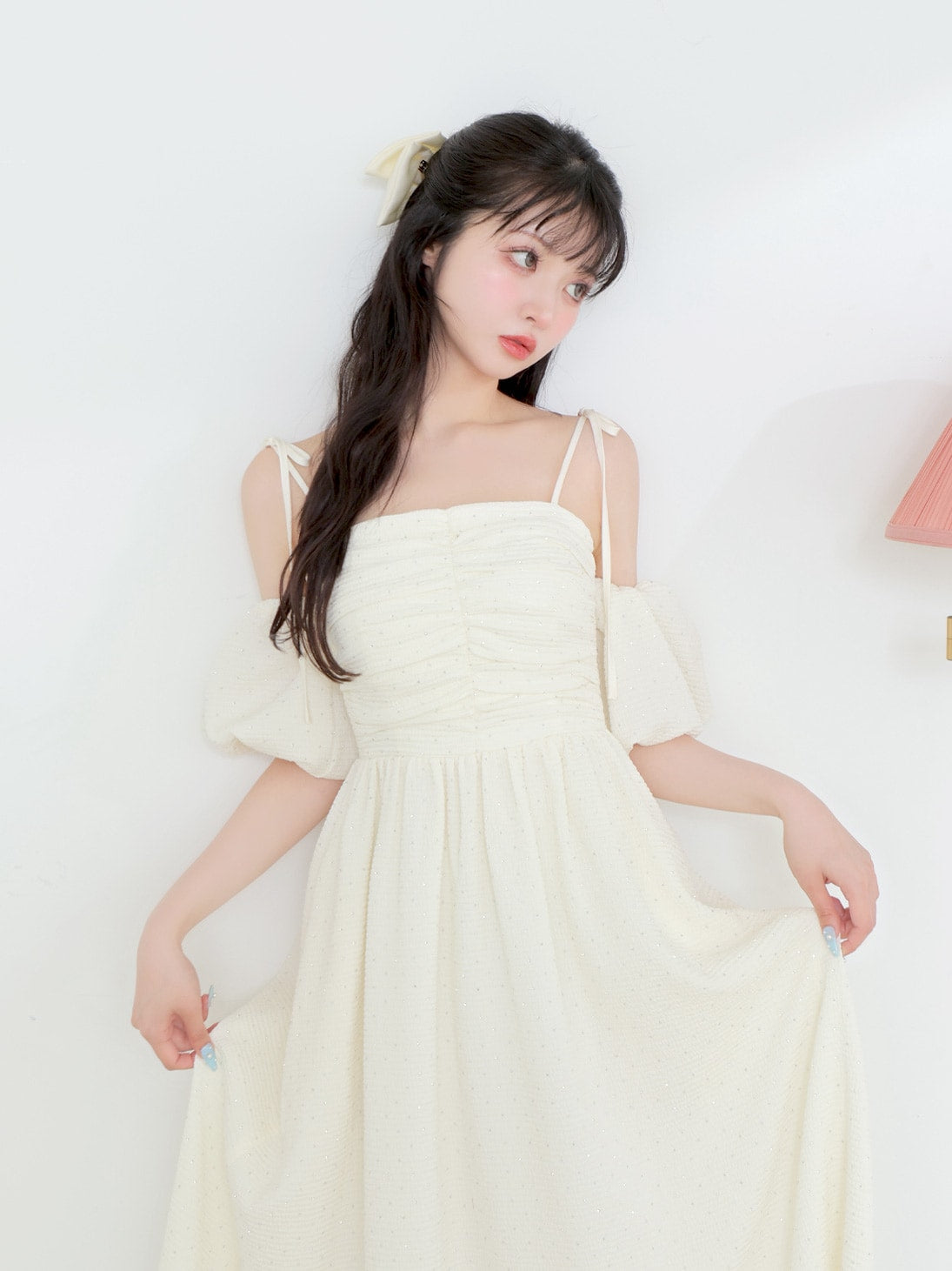 Puff sleeves studded long onepiece(eme10487)