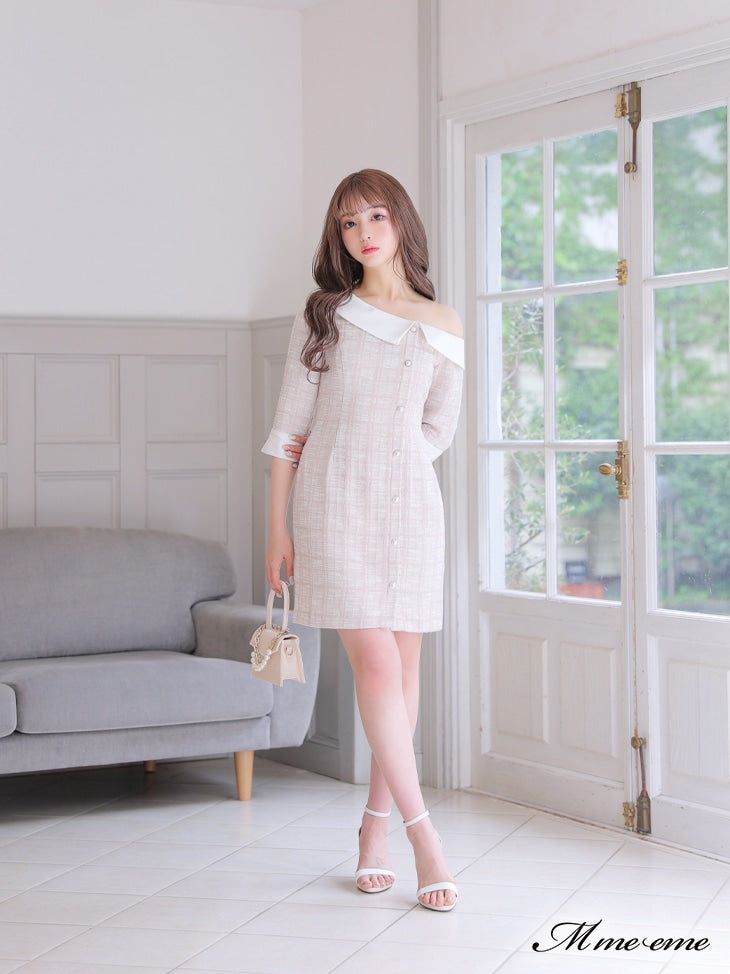 【SALE】 One shoulder tweed dress (eme10217)