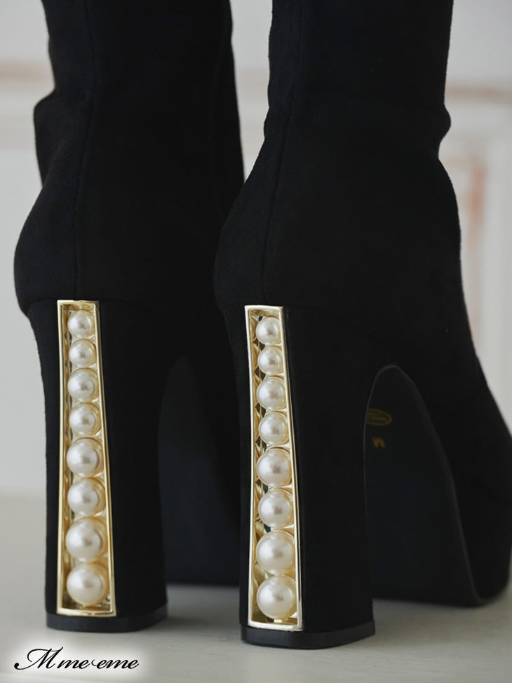 【SALE】Pearl heel knee high boots (eme10280)