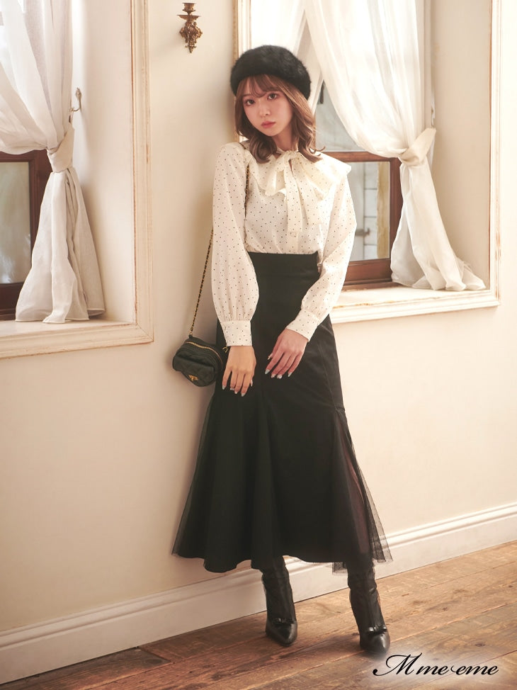 【SALE】Dot flocky ruffle ribbon blouse (eme10228)
