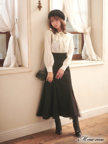 【SALE】Dot flocky ruffle ribbon blouse (eme10228)