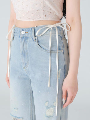 Side ribbon straight denim(eme10390)