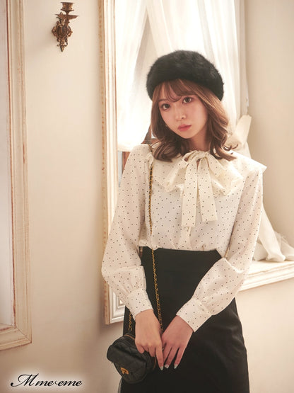 【SALE】Dot flocky ruffle ribbon blouse (eme10228)