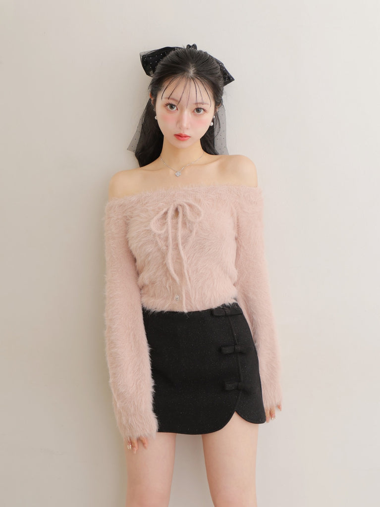 Ribbon off shoulder shaggy knit tops (eme10525)