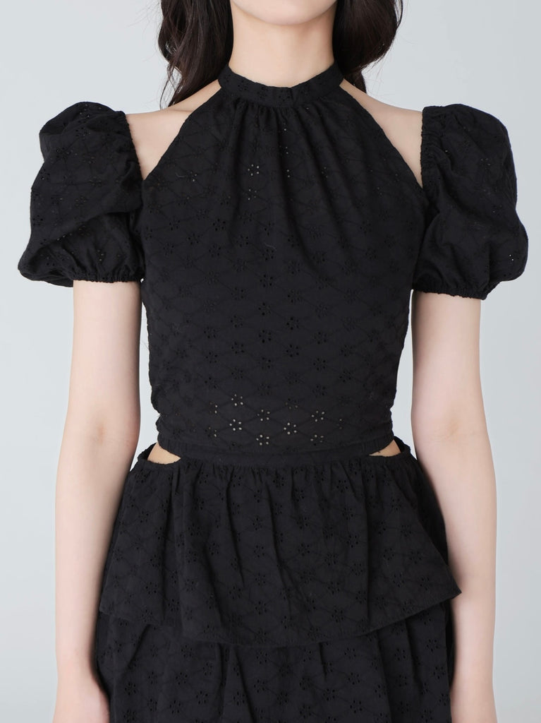 Cotton lace cut-out tops(eme10476)