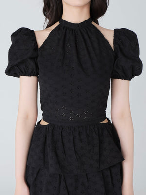 Cotton lace cut-out tops(eme10476)