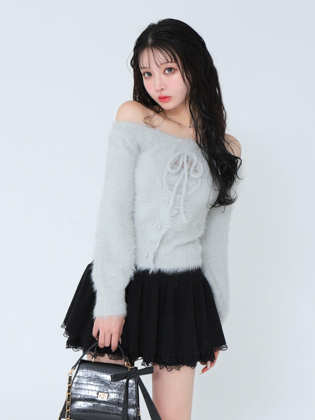 Ribbon off shoulder shaggy knit tops (eme10525)
