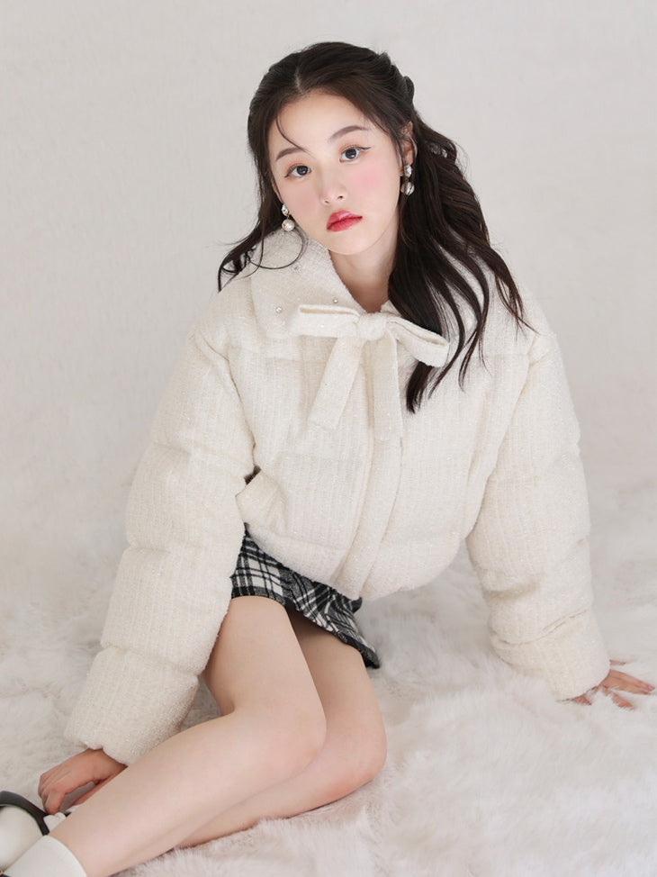 Ribbon tweed short down jacket (eme10458)