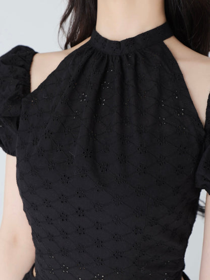Cotton lace cut-out tops(eme10476)