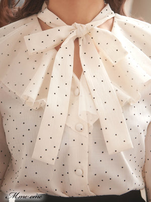 【SALE】Dot flocky ruffle ribbon blouse (eme10228)