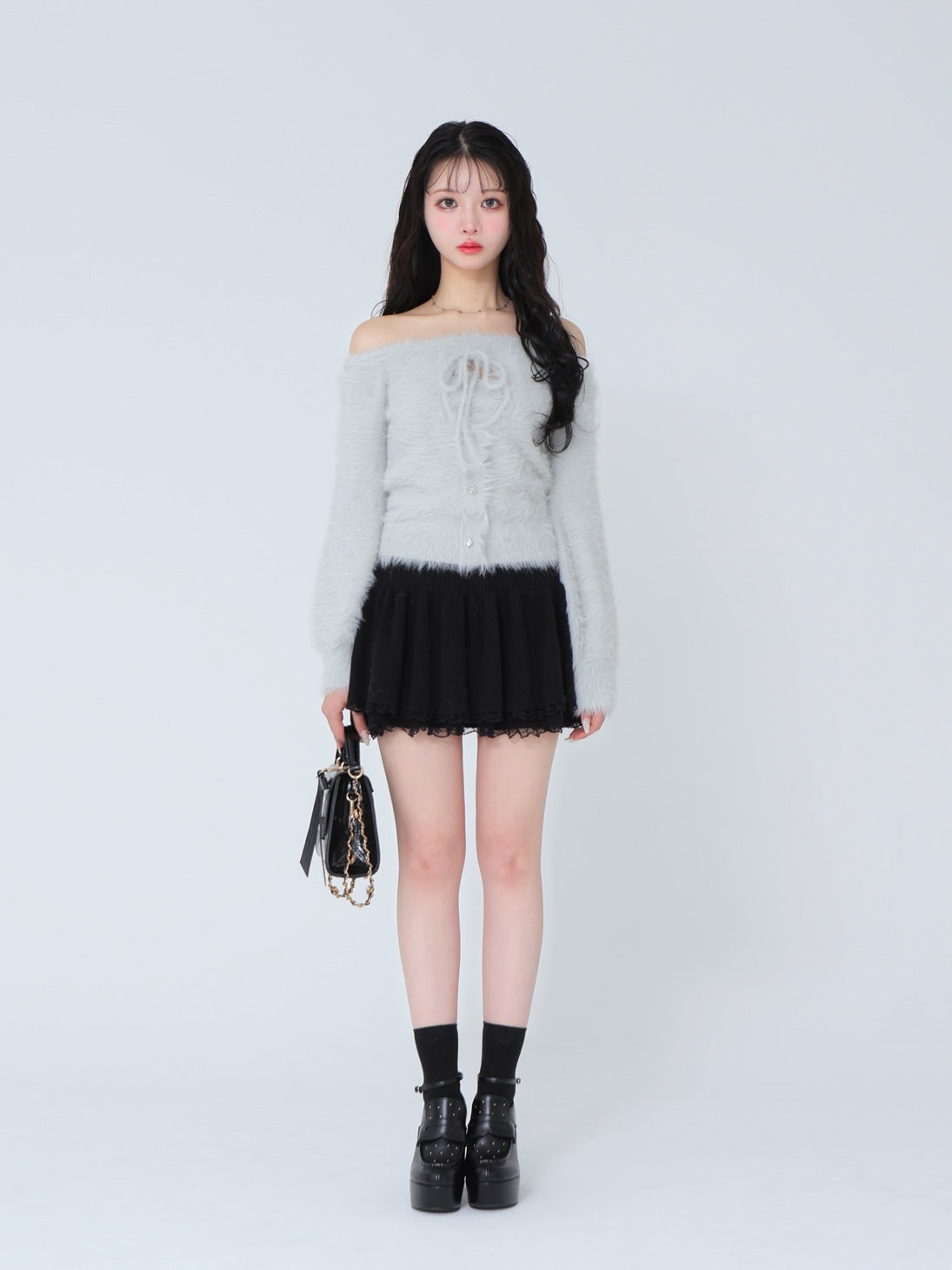 Ribbon off shoulder shaggy knit tops (eme10525)