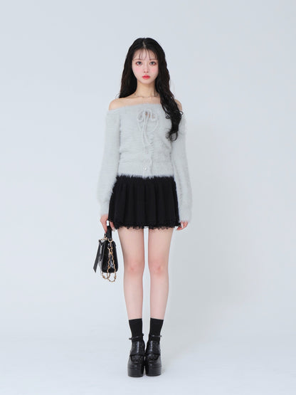 Ribbon off shoulder shaggy knit tops (eme10525)
