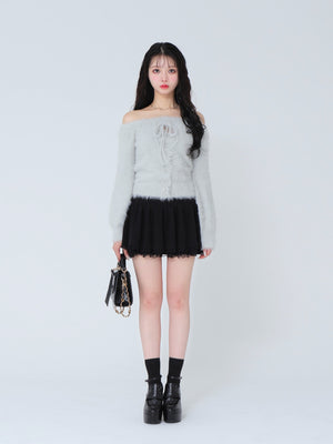 Ribbon off shoulder shaggy knit tops (eme10525)