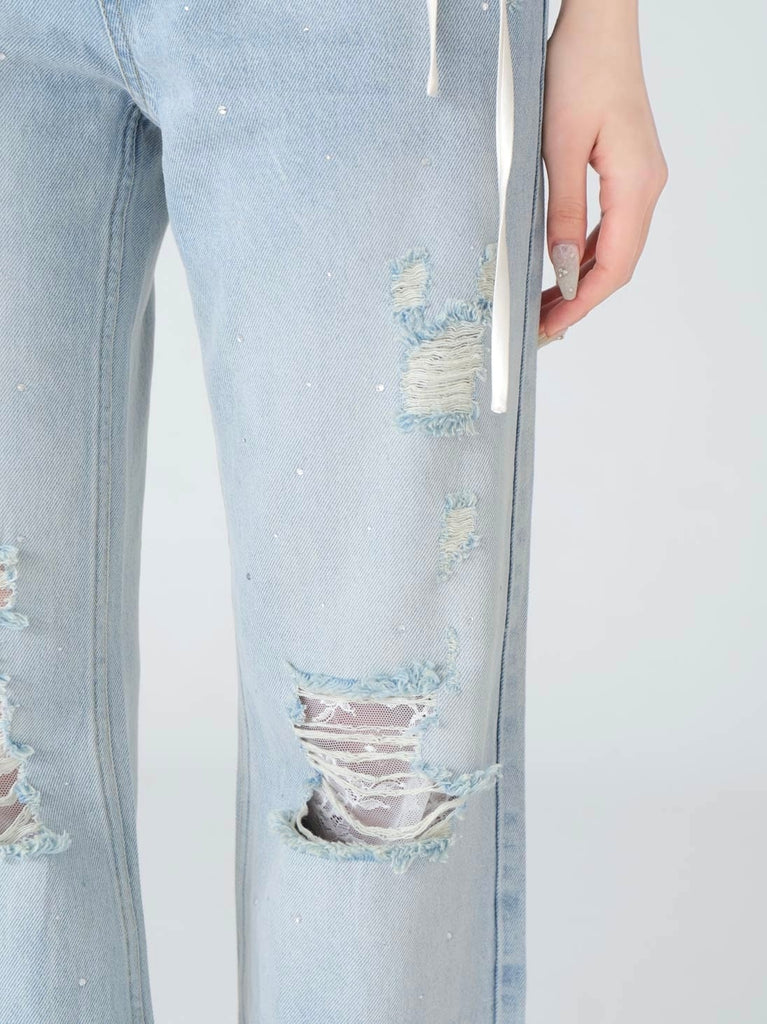 Side ribbon straight denim(eme10390)