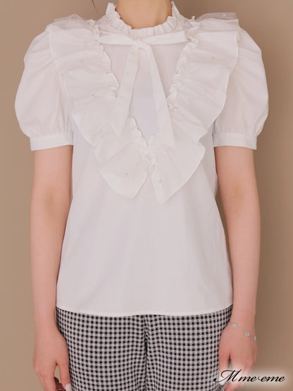 【SALE】Pearl ruffle bow tie blouse (eme10224)