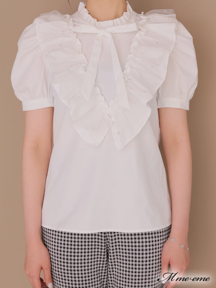 【SALE】Pearl ruffle bow tie blouse (eme10224)