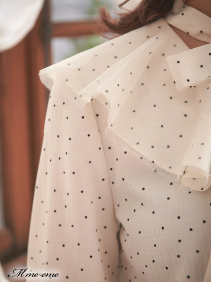 【SALE】Dot flocky ruffle ribbon blouse (eme10228)