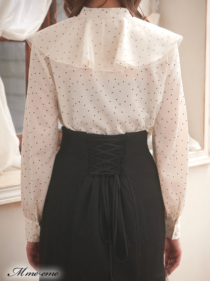 【SALE】Dot flocky ruffle ribbon blouse (eme10228)