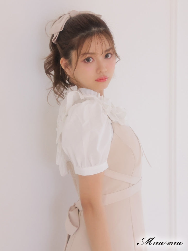 【SALE】Pearl ruffle bow tie blouse (eme10224)
