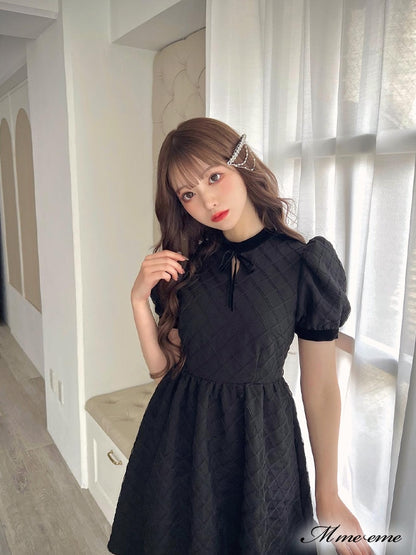 【SALE】 Black ribbon volume dress (eme10235)