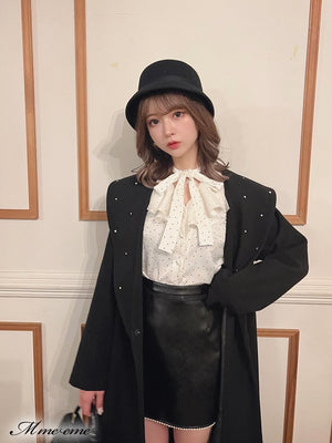 【SALE】Dot flocky ruffle ribbon blouse (eme10228)