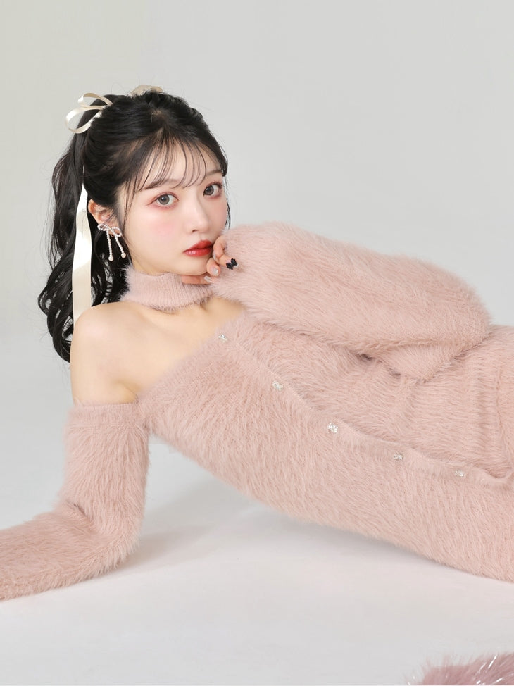 Back ribbon shaggy knit mini onepiece(eme10376)