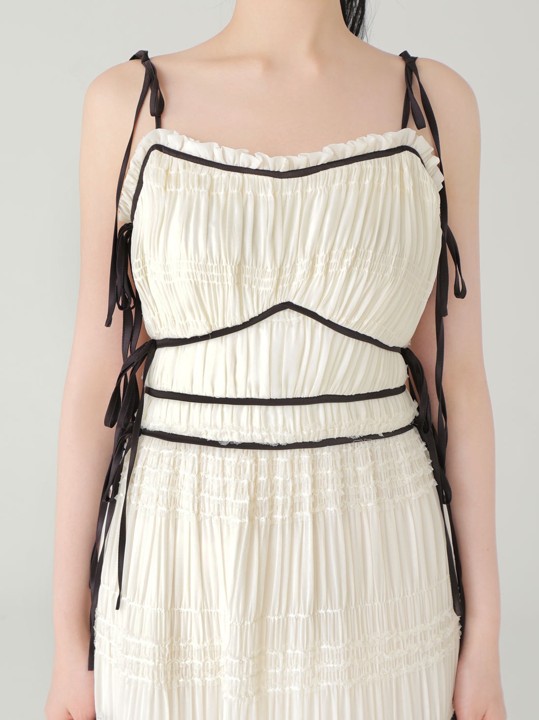Side ribbon tiered chiffon long onepiece(eme10385)