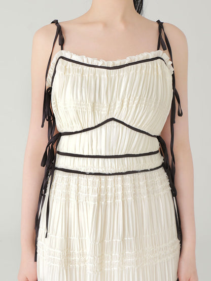 Side ribbon tiered chiffon long onepiece(eme10385)