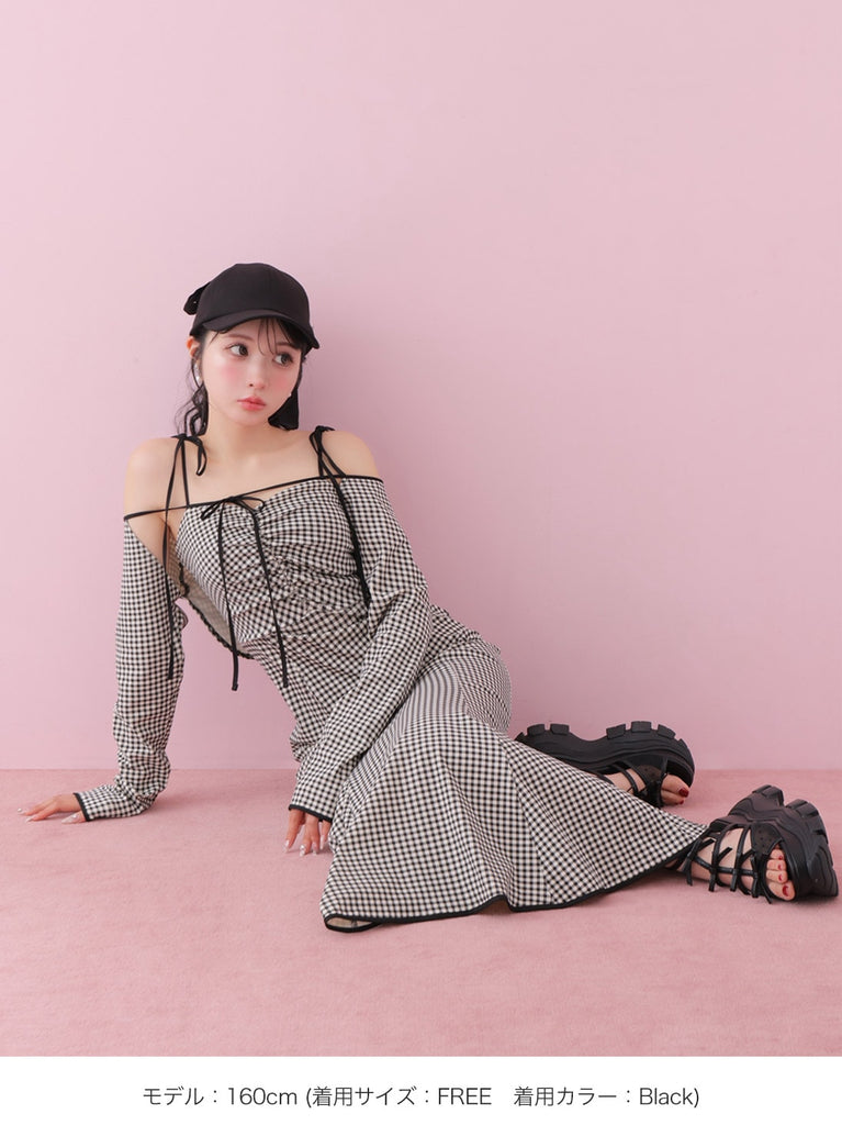 Gingham check ensemble long onepiece(eme10812)