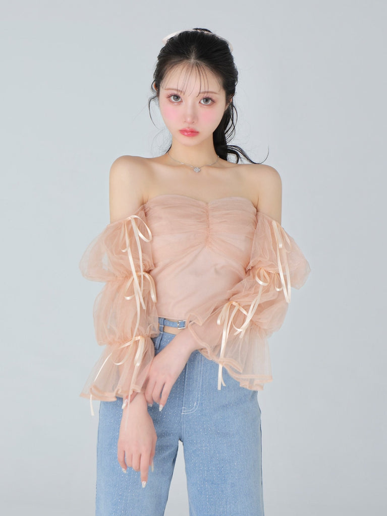 Candy sleeve tulle tops (eme10343)