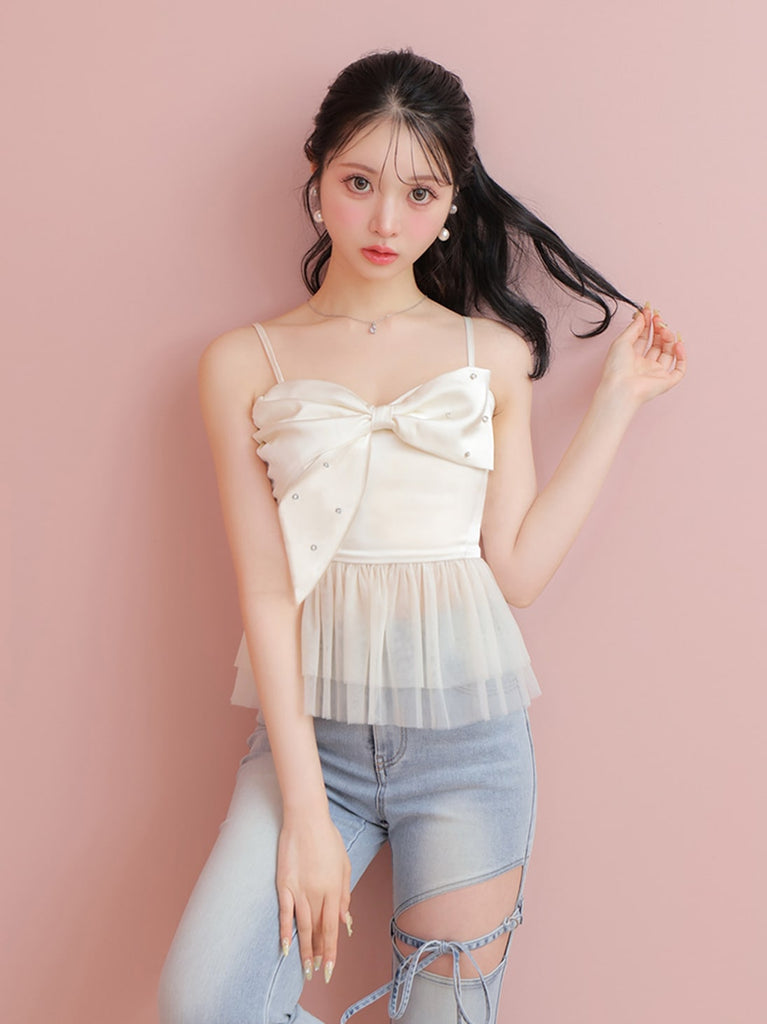 Ribbon bijou peplum cami bustier(eme10482)